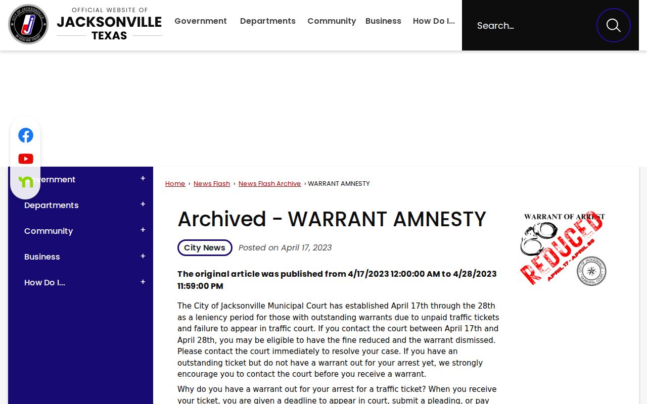 Jacksonville warrant records: archived city notice about the 2023 leniency period