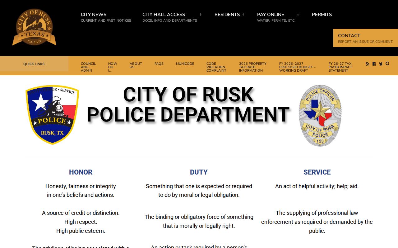 Rusk warrant records: Police Department contact and current-list link
