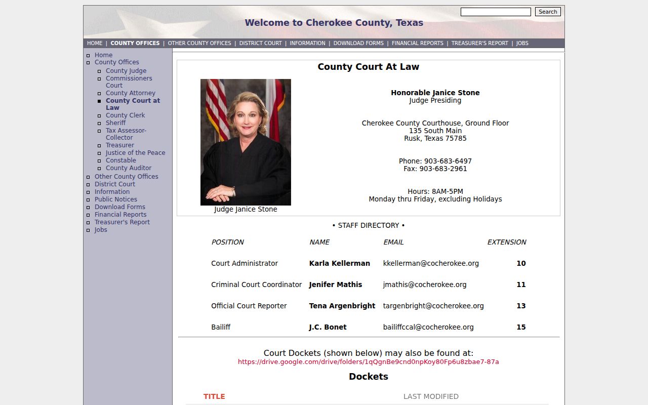 Cherokee County warrant records context: County Court at Law public contact page